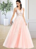 Saige Ball-Gown/Princess V-neck Floor-Length Tulle Prom Dresses With Beading Sequins UKP0014329