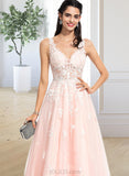 Saige Ball-Gown/Princess V-neck Floor-Length Tulle Prom Dresses With Beading Sequins UKP0014329