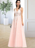 Saige Ball-Gown/Princess V-neck Floor-Length Tulle Prom Dresses With Beading Sequins UKP0014329