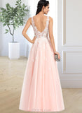 Saige Ball-Gown/Princess V-neck Floor-Length Tulle Prom Dresses With Beading Sequins UKP0014329