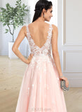 Saige Ball-Gown/Princess V-neck Floor-Length Tulle Prom Dresses With Beading Sequins UKP0014329