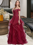 Micaela Ball-Gown/Princess Off-the-Shoulder Floor-Length Tulle Prom Dresses With Sequins UKP0014331