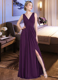 Eve A-Line V-neck Floor-Length Chiffon Prom Dresses With Ruffle Split Front UKP0014334