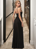 Desirae A-Line V-neck Floor-Length Jersey Prom Dresses With Ruffle Split Front UKP0014336