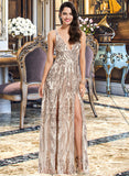 Celeste A-Line V-neck Floor-Length Sequined Prom Dresses With Sequins Split Front UKP0014340