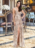 Celeste A-Line V-neck Floor-Length Sequined Prom Dresses With Sequins Split Front UKP0014340