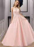 Karley Ball-Gown/Princess Scoop Neck Floor-Length Tulle Prom Dresses With Lace Beading Sequins UKP0014341