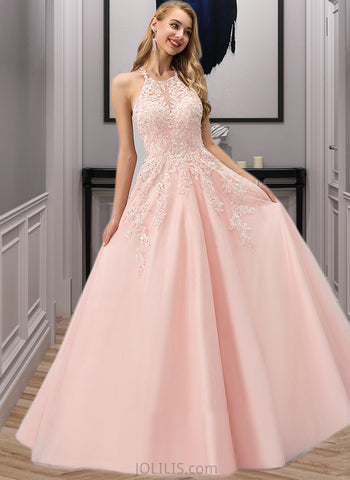 Karley Ball-Gown/Princess Scoop Neck Floor-Length Tulle Prom Dresses With Lace Beading Sequins UKP0014341