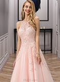 Karley Ball-Gown/Princess Scoop Neck Floor-Length Tulle Prom Dresses With Lace Beading Sequins UKP0014341