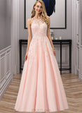 Karley Ball-Gown/Princess Scoop Neck Floor-Length Tulle Prom Dresses With Lace Beading Sequins UKP0014341