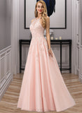 Karley Ball-Gown/Princess Scoop Neck Floor-Length Tulle Prom Dresses With Lace Beading Sequins UKP0014341