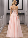 Karley Ball-Gown/Princess Scoop Neck Floor-Length Tulle Prom Dresses With Lace Beading Sequins UKP0014341