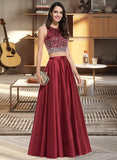 Amaya A-Line Scoop Neck Floor-Length Satin Prom Dresses With Beading Sequins UKP0014349