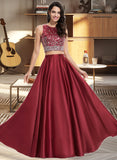 Amaya A-Line Scoop Neck Floor-Length Satin Prom Dresses With Beading Sequins UKP0014349