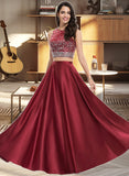 Amaya A-Line Scoop Neck Floor-Length Satin Prom Dresses With Beading Sequins UKP0014349