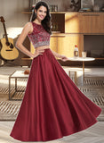 Amaya A-Line Scoop Neck Floor-Length Satin Prom Dresses With Beading Sequins UKP0014349