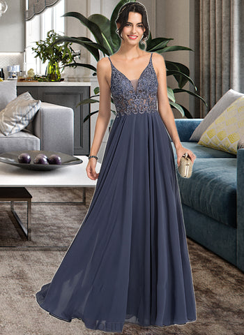 Izabelle A-Line V-neck Floor-Length Chiffon Prom Dresses With Beading Sequins UKP0014351