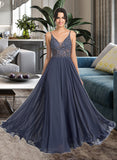 Izabelle A-Line V-neck Floor-Length Chiffon Prom Dresses With Beading Sequins UKP0014351