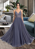 Izabelle A-Line V-neck Floor-Length Chiffon Prom Dresses With Beading Sequins UKP0014351