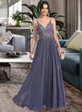 Izabelle A-Line V-neck Floor-Length Chiffon Prom Dresses With Beading Sequins UKP0014351