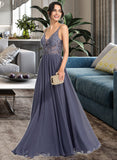 Izabelle A-Line V-neck Floor-Length Chiffon Prom Dresses With Beading Sequins UKP0014351