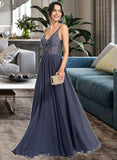 Izabelle A-Line V-neck Floor-Length Chiffon Prom Dresses With Beading Sequins UKP0014351