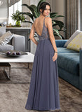 Izabelle A-Line V-neck Floor-Length Chiffon Prom Dresses With Beading Sequins UKP0014351