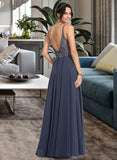 Izabelle A-Line V-neck Floor-Length Chiffon Prom Dresses With Beading Sequins UKP0014351