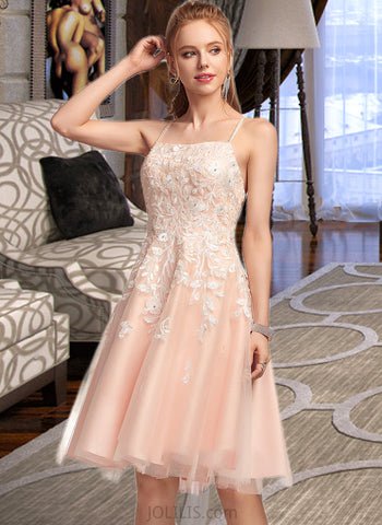 Gertie A-Line Square Neckline Knee-Length Tulle Prom Dresses With Beading Sequins UKP0014352