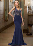 Xiomara Trumpet/Mermaid V-neck Sweep Train Stretch Crepe Prom Dresses With Beading Sequins UKP0014353