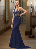 Xiomara Trumpet/Mermaid V-neck Sweep Train Stretch Crepe Prom Dresses With Beading Sequins UKP0014353