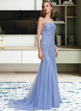 Gwen Trumpet/Mermaid Square Neckline Sweep Train Tulle Prom Dresses With Sequins UKP0014355