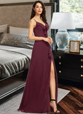 Kathryn Sheath/Column V-neck Floor-Length Prom Dresses With Ruffle Split Front UKP0014356