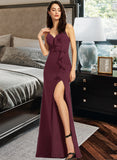 Kathryn Sheath/Column V-neck Floor-Length Prom Dresses With Ruffle Split Front UKP0014356