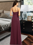 Kathryn Sheath/Column V-neck Floor-Length Prom Dresses With Ruffle Split Front UKP0014356