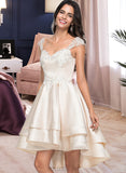 Norah A-Line Sweetheart Asymmetrical Satin Prom Dresses With Lace Beading Cascading Ruffles UKP0014359