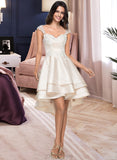 Norah A-Line Sweetheart Asymmetrical Satin Prom Dresses With Lace Beading Cascading Ruffles UKP0014359