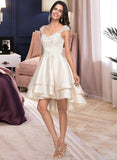 Norah A-Line Sweetheart Asymmetrical Satin Prom Dresses With Lace Beading Cascading Ruffles UKP0014359