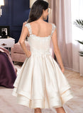 Norah A-Line Sweetheart Asymmetrical Satin Prom Dresses With Lace Beading Cascading Ruffles UKP0014359