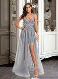 Karlee Ball-Gown/Princess V-neck Floor-Length Tulle Prom Dresses With Lace Sequins UKP0014361