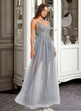 Karlee Ball-Gown/Princess V-neck Floor-Length Tulle Prom Dresses With Lace Sequins UKP0014361