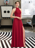 Ursula A-Line High Neck Floor-Length Chiffon Lace Prom Dresses With Ruffle Split Front UKP0014363