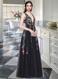 Daphne A-Line V-neck Floor-Length Tulle Prom Dresses With Lace Beading Sequins UKP0014364