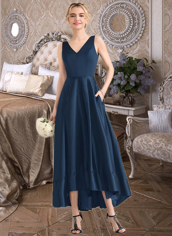 Maliyah Ball-Gown/Princess V-neck Asymmetrical Satin Prom Dresses With Pockets UKP0014365