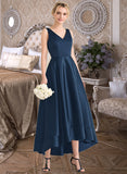 Maliyah Ball-Gown/Princess V-neck Asymmetrical Satin Prom Dresses With Pockets UKP0014365