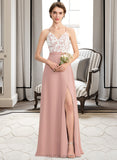 Lorelei A-Line V-neck Floor-Length Chiffon Lace Prom Dresses With Split Front UKP0014366