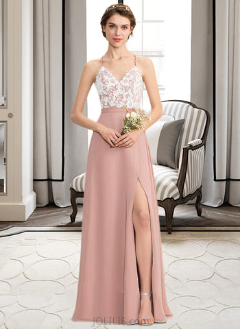 Lorelei A-Line V-neck Floor-Length Chiffon Lace Prom Dresses With Split Front UKP0014366