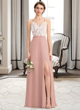 Lorelei A-Line V-neck Floor-Length Chiffon Lace Prom Dresses With Split Front UKP0014366