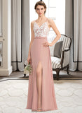 Lorelei A-Line V-neck Floor-Length Chiffon Lace Prom Dresses With Split Front UKP0014366