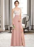 Lorelei A-Line V-neck Floor-Length Chiffon Lace Prom Dresses With Split Front UKP0014366